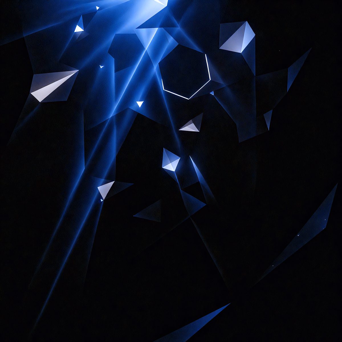The primary subject of the image is a blue light, which appears to be a light source or a reflection of light. The setting is a dark room, and the visual style is a combination of digital art and illustration. The dominant colors in the image are blue and black, creating a moody atmosphere.